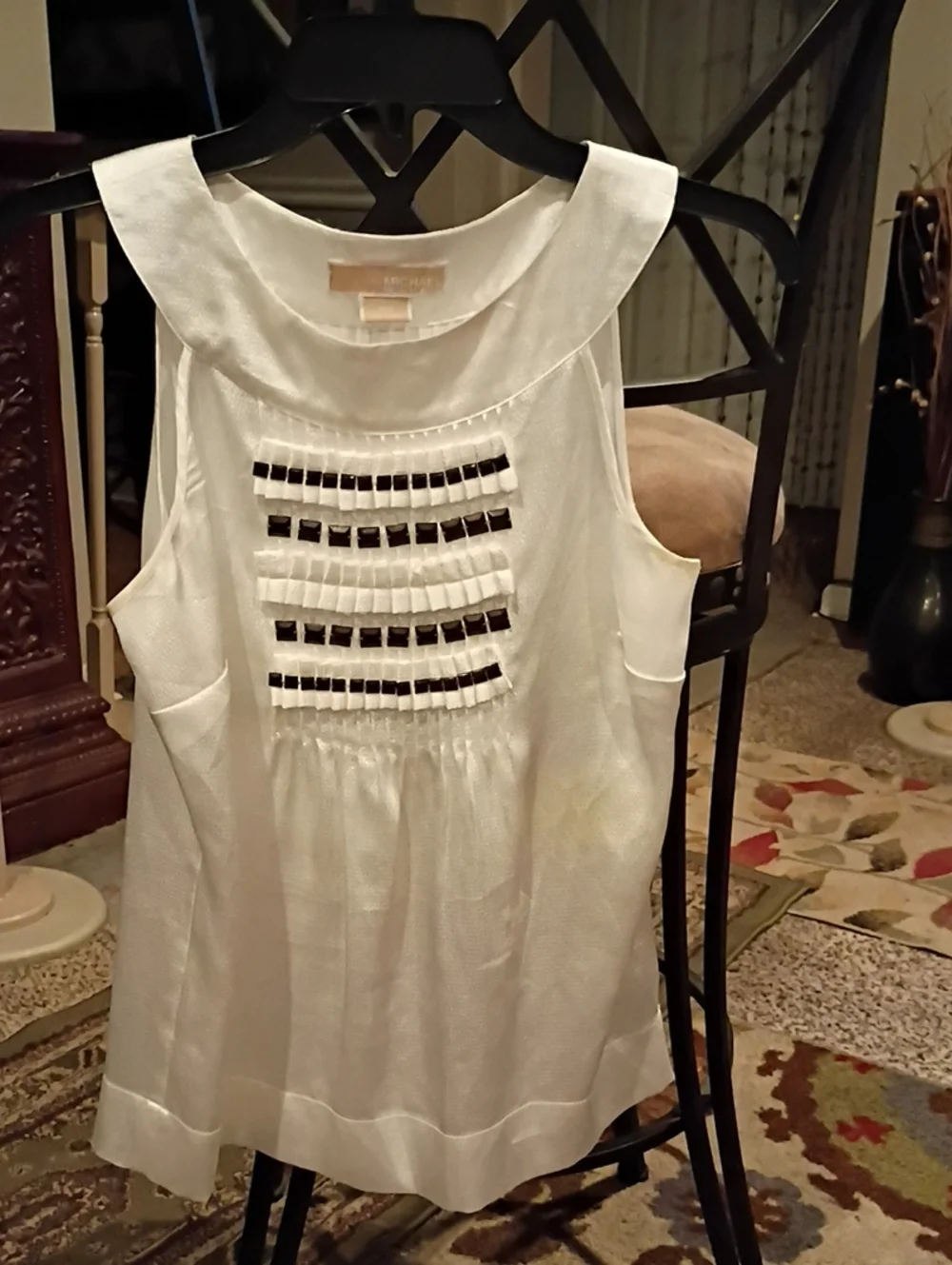 Michael Kors White Textured Shell Top w Black Embellishments